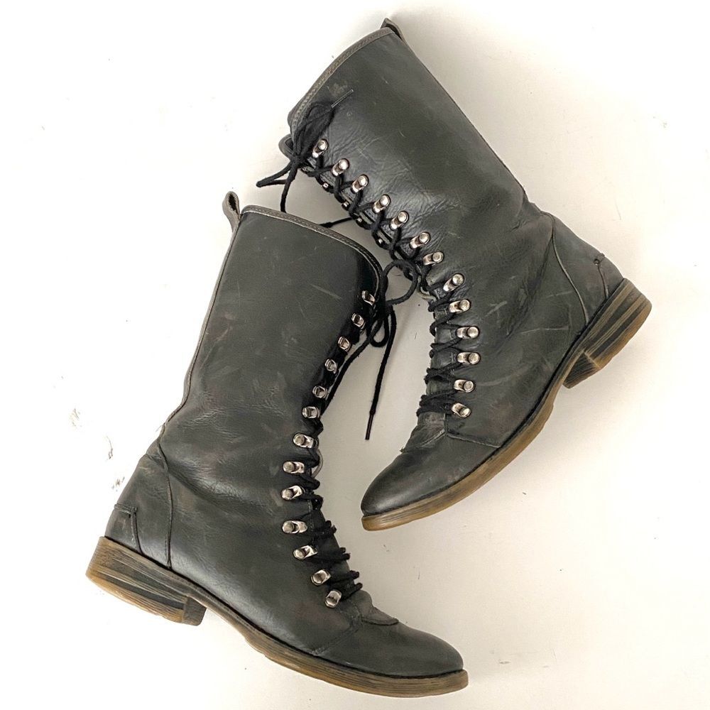 BED STU Dark Gray Combat Tall Boots Sz 8 Distressed Lace Up Zip Boho Urban Punk - Picture 2 of 10